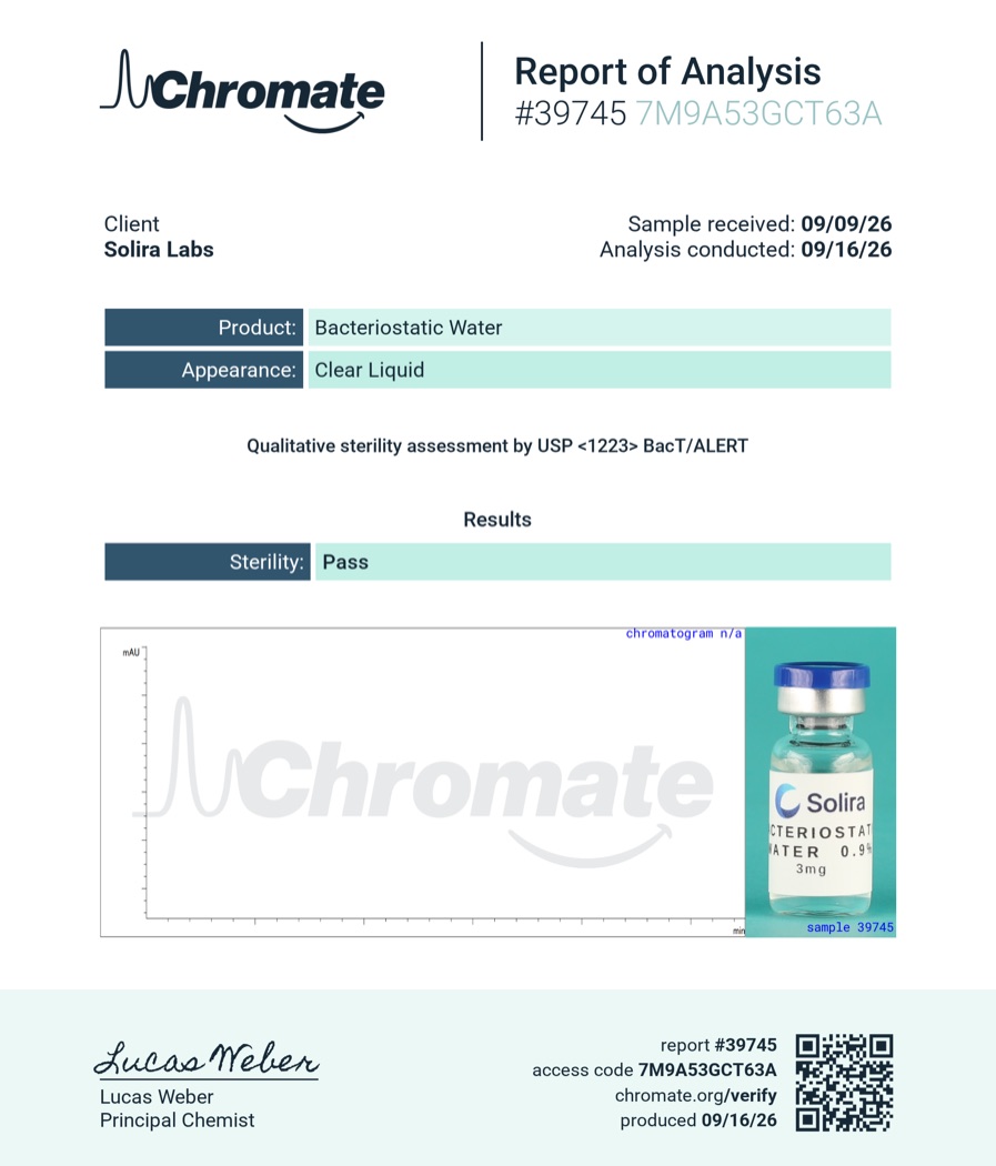 Bacteriostatic Water Sterility Certificate of Analysis, Pass