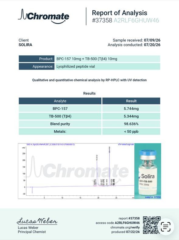 BPC-157 + TB-500 Purity (HPLC) + Heavy Metals Certificate of Analysis — lot 37358, 98.636% · Metals < 50 ppb
