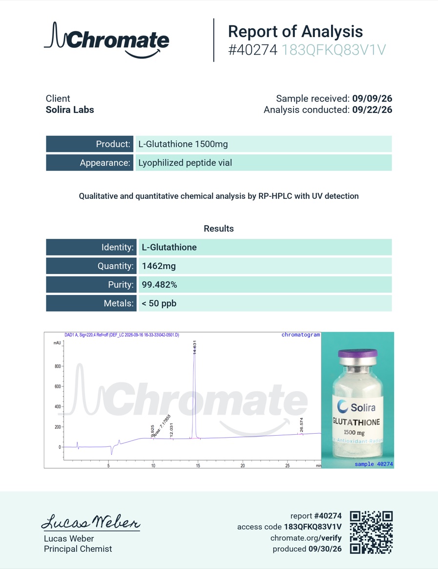 Glutathione Purity (HPLC) Certificate of Analysis — lot 40274, 99.482% · Metals < 50 ppb