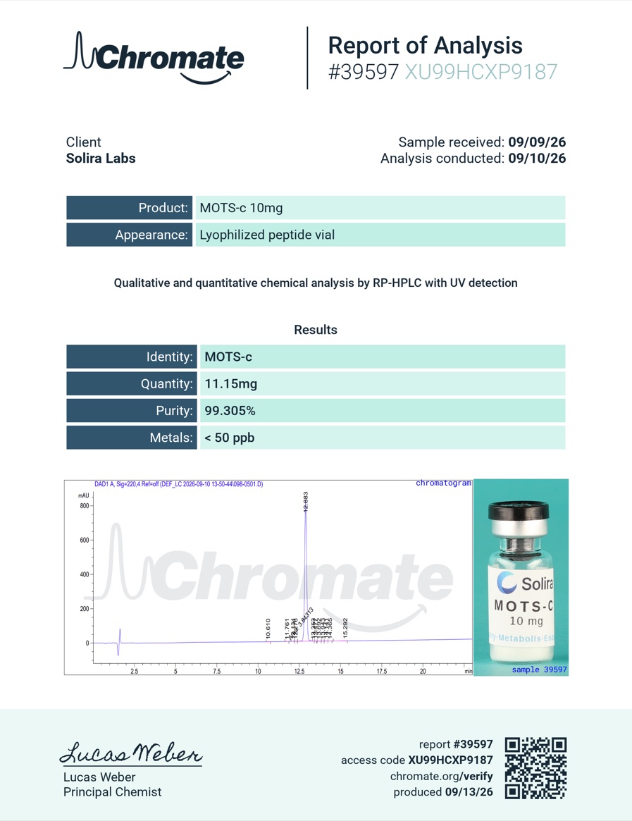 MOTS-C Purity (HPLC) Certificate of Analysis, 99.305%
